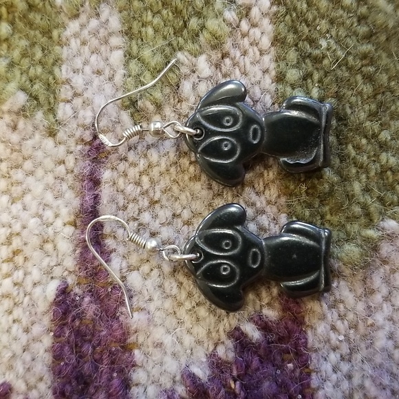 Obsidian Stone Dog Puppy Dangle Earrings - Picture 2 of 4